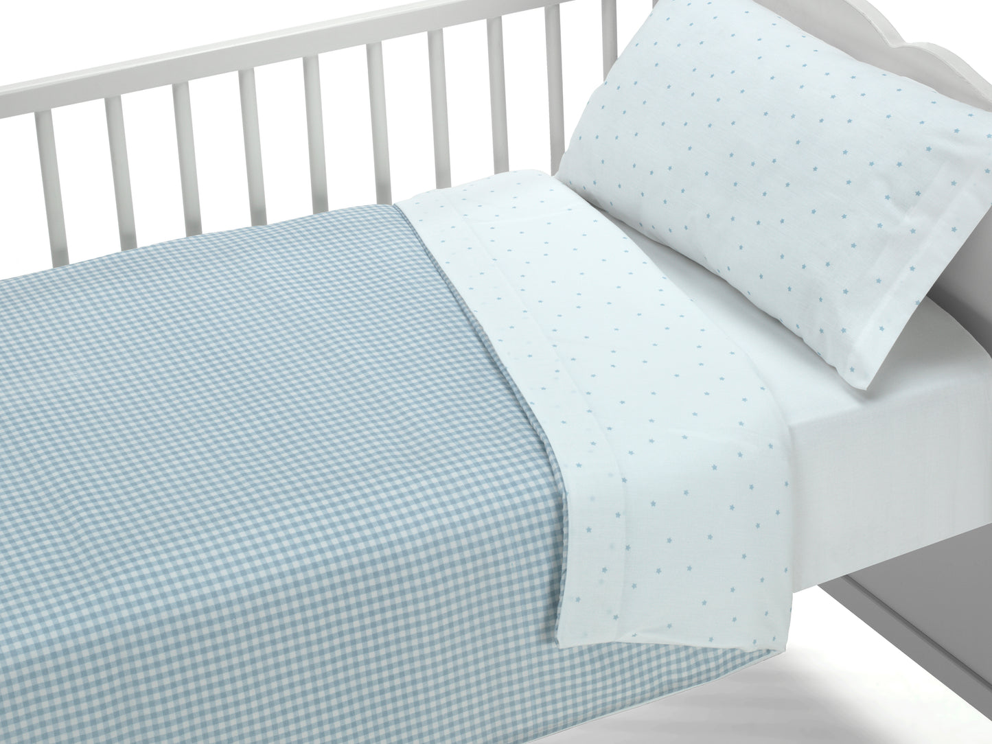 SET FUNDA NÓRDICA REVERSIBLE, FUNDA DE ALMOHADA Y SÁBANA BAJERA AJUSTABLELOVE & VICHY BLUE DREAMS 60x120