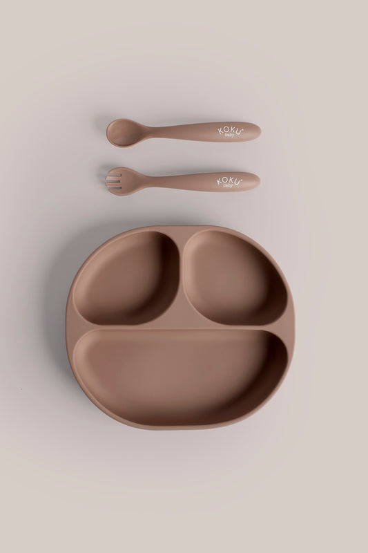 PLATO VENTOSA + CUBIERTOS CHOCO